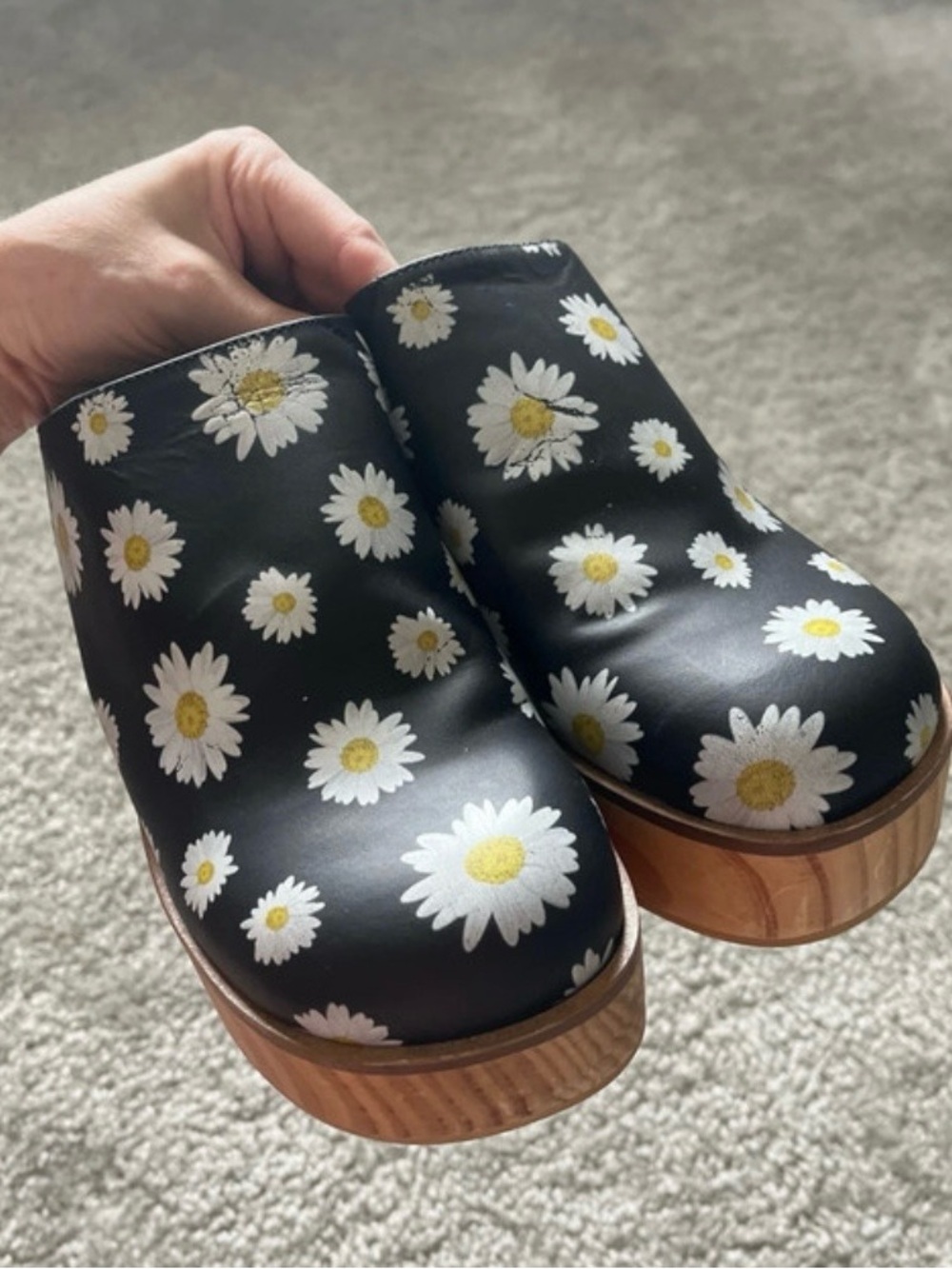 Free People Conversational Black Daisy Platform Wooden Clogs 8 - Picture 12 of 16